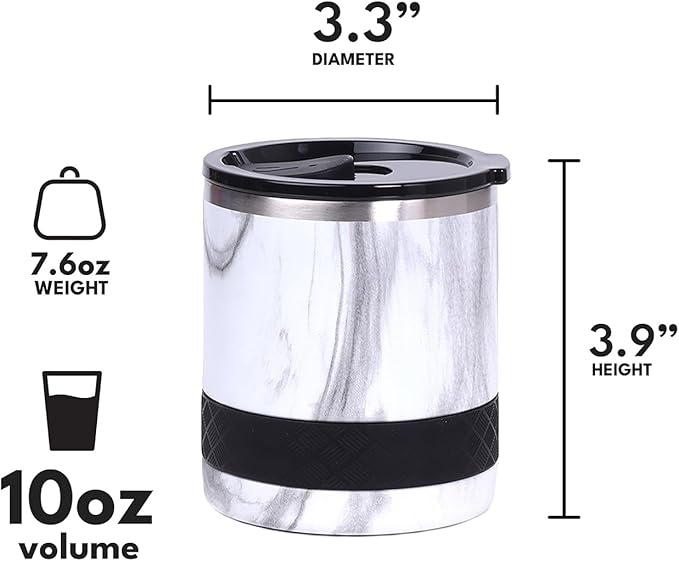 Elemental Recess Lowball Tumbler, 10oz Triple Wall Stainless Steel Cup with Non-Shattered Tritan Lid, Insulated Whiskey Glass, Insulated Coffee Tumbler Mug for Hot & Cold Drinks - White Marble