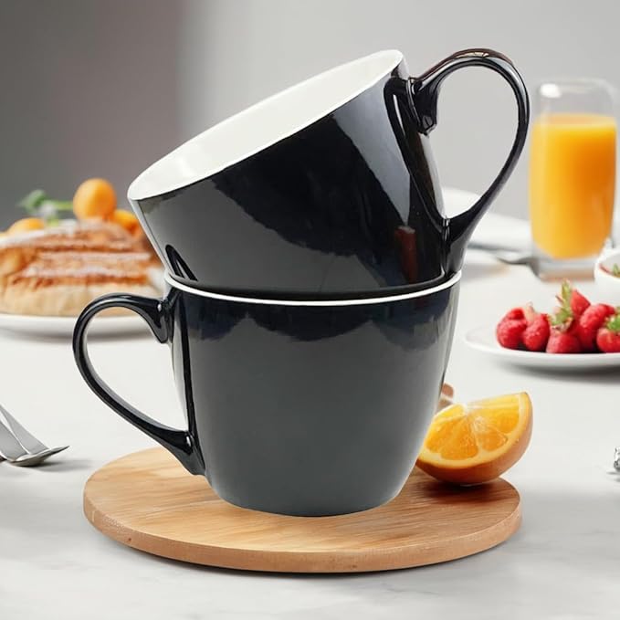 MECOWON 30 OZ Porcelain Coffee Mugs, Set of 2 Large Mugs for Soup, Cereal and Salad (black)