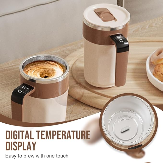 HISKI Automatic Stirring Coffee Cup with Temperature Display, Rechargeable Coffee Mug, Self-Stirring Mug with Lid Rechargeable Automatic Self Stirring Mugs with Magnetic Stirrer and Lid (White)