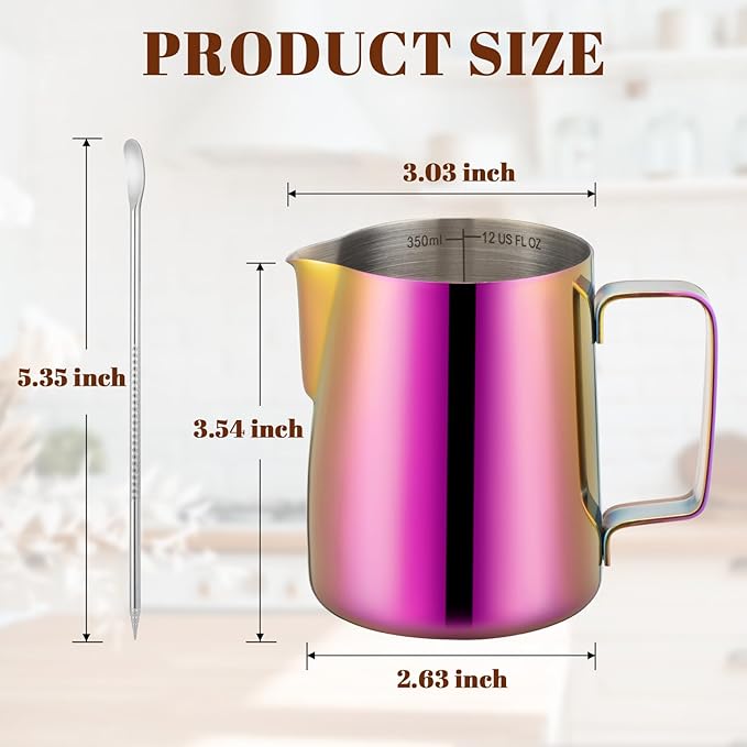 Milk Frothing Pitcher, 12 oz Milk Frother Cup with Clear Scale, 304 Stainless Steel Cappuccino Espresso Machine Accessories for Barista Coffee Bar with Latte Art Pen, Multipurple