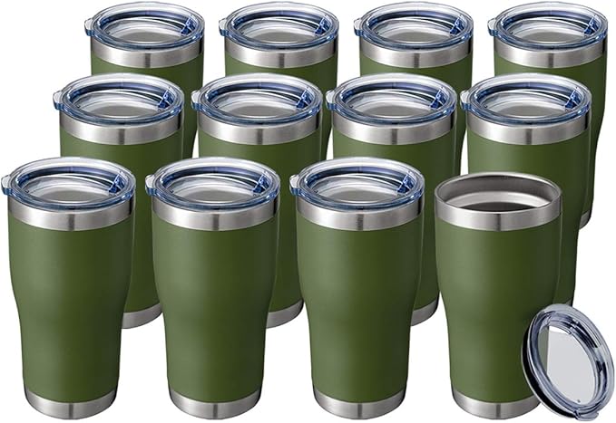 HASLE OUTFITTERS 20 oz Tumbler Bulk, Stainless Steel Tumblers with Lid, Vacuum Insulated Tumbler, Double Wall Powder Coated Cup, coffee mugs, Army Green, 12 Pack