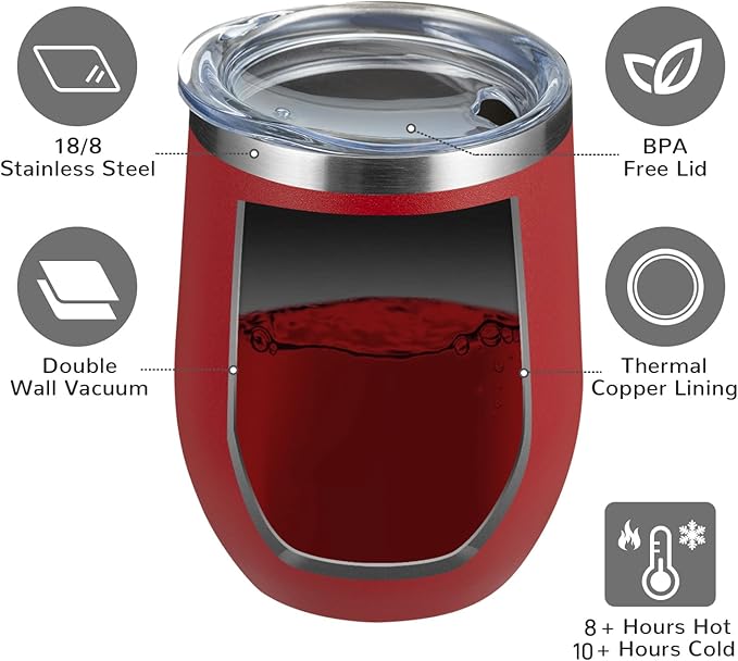 MEWAY 12oz/8 Pack Wine Tumbler Glasses with Lid - Stemless Double Wall Vacuum Stainless Steel Travel Tumbler - Keeping Cold & Hot for Wine,Coffee,Cocktails,Drinks-Family and Gifts (Red,Set of 8)