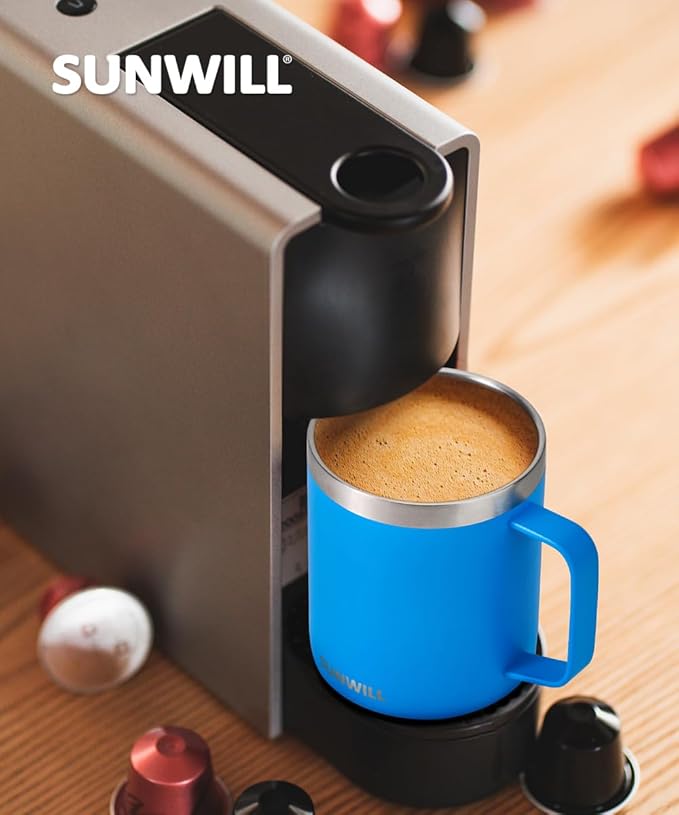 SUNWILL Insulated Coffee Mug with Lid, Travel Tumbler with Handle, 14 oz Stainless Steel Cup for Camping, Office, Home, Powder Coated Royal Blue