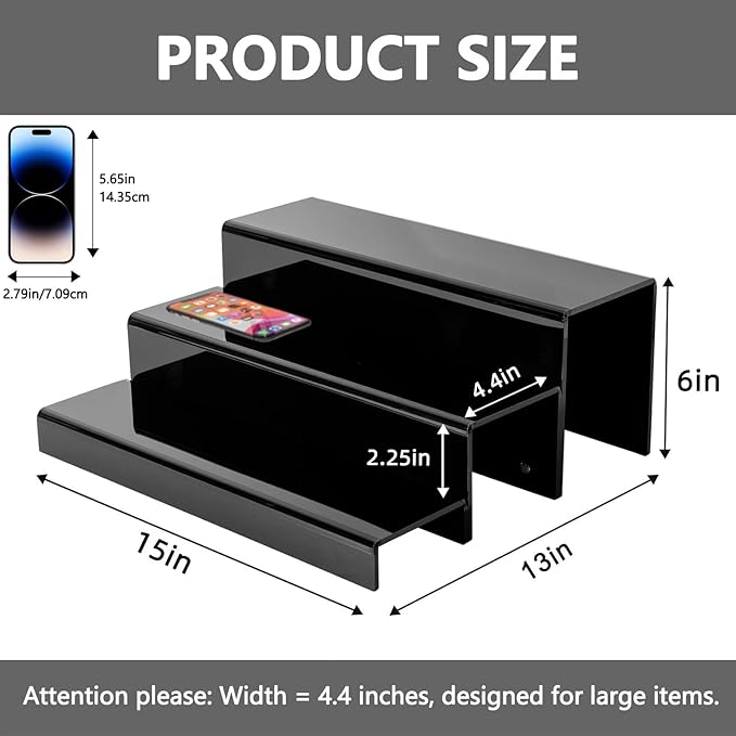 2 Pack Tiers Bar Shelves for Liquor Bottles, 15" Clear Acrylic Risers Display Racks Stands for Figures Pops Cupcake Perfume Collections (Black)