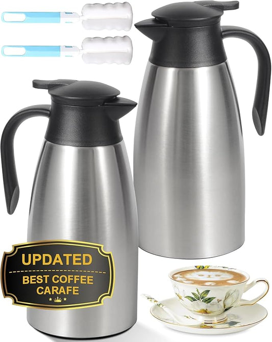 70Oz Thermal Coffee Carafe for keeping hot, 2 PCS Updated Carafe for hot liquid, Insulated Coffee Carafe Stainless Steel Thermal Pot for Coffee, Hot Water,Keep Hot 12 Hours (silver+silver)