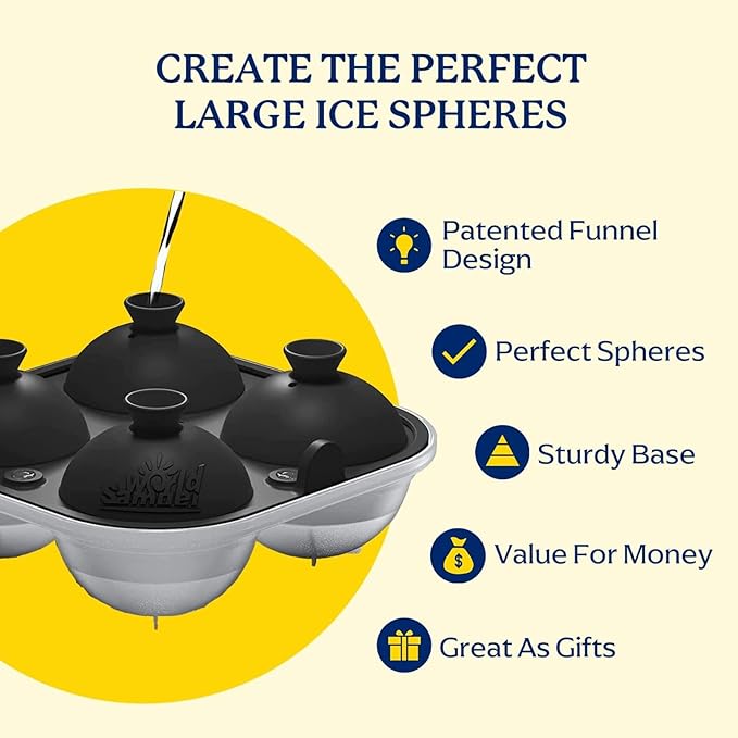 Samuelworld Large Silicone Premium Ice Trays, 2-Pack Combo, 2 Inches Big Ice Cube Tray & 2.5 Inches Large Ice Sphere - BPA Free, Craft Ice Maker for Gifting, Whiskey, Cocktails, Easy Release - Black