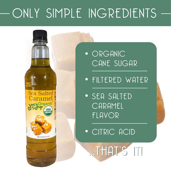 Joe’s Syrup Organic Flavored Syrup, Organic Sea Salted Caramel, 750 ml (3 Pack)