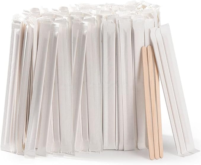 500pcs Individually Wrapped Coffee Stirrers Wood - 7" Coffee Stir Sticks, Round End Disposable coffee stirrer, For Coffee, Cocktail and Hot Drinks