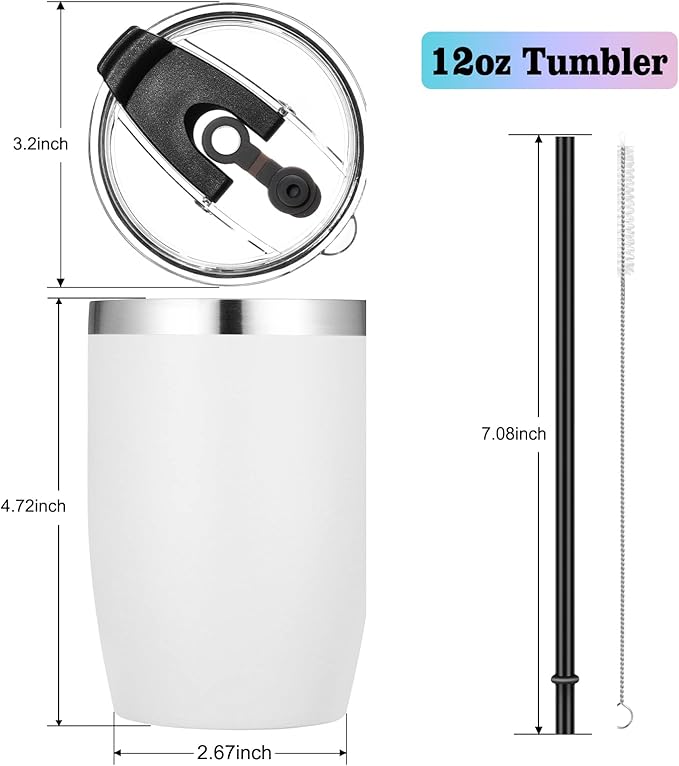 VEGOND Stainless Steel 12 oz Tumblers bulk Vacuum Insulated Double Wall Travel Tumbler with Lid and Straw Reusable Tumbler, White 1 Pack