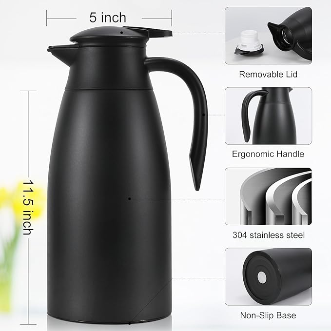 Updated Thermal Coffee Carafe, 70 Oz Insulated Stainless Steel Coffee Carafes for Keeping Hot Coffee & Water Hot Beverage-12Hours, Double Walled Vacuum Thermos Carafe(Black+White）