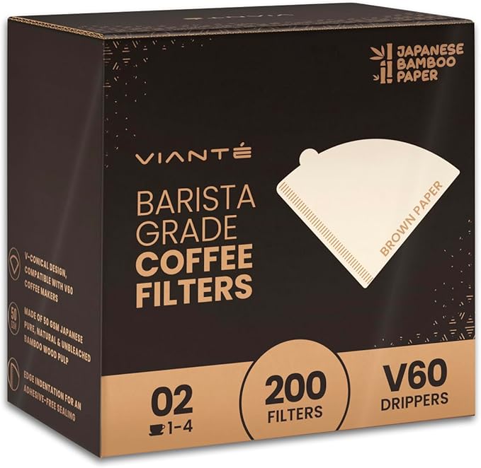 Vianté V60 Coffee Filters. Pour Over Coffee Filter Size 2 Brown Unbleached Filters From Natural Bamboo Fibers (200 Count)