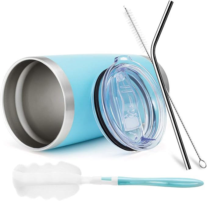 COMOOO 20oz 6 Pack Double Wall Vacuum Insulated Travel Mug, Stainless Steel Tumbler with Lid, Durable Powder Coated Insulated Coffee Cup for Cold & Hot Drinks (Light Blue, 6 Pack)