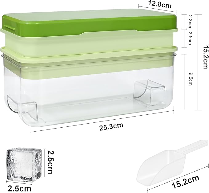 Ice Trays for Freezer with Lid & Bin, Ice Cube Tray Making 64 pcs Ice Cubes, Easy Press to Release Ice, Ice Tray with Storage Bin Chilling Cocktail Whiskey Coffee 2 Trays 1 Ice Bucket & Scoop (Green)