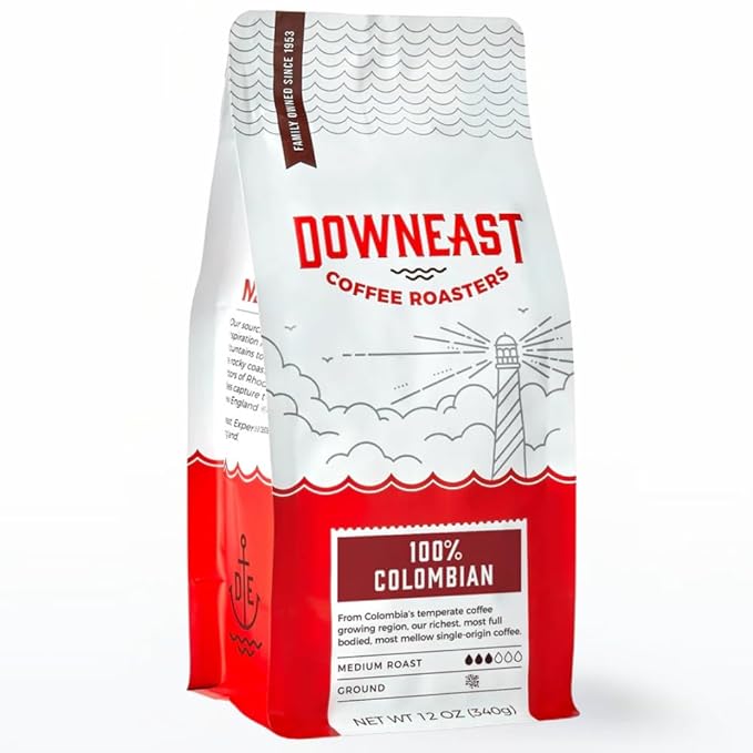 Downeast Coffee Roasters Ground Coffee - 100% Colombian, Medium Roast, 100% Arabica Coffee - Dark Chocolate and Ripe Fruit Notes - Select Central and South American Highlands (GROUND COFFEE, 12oz bag)