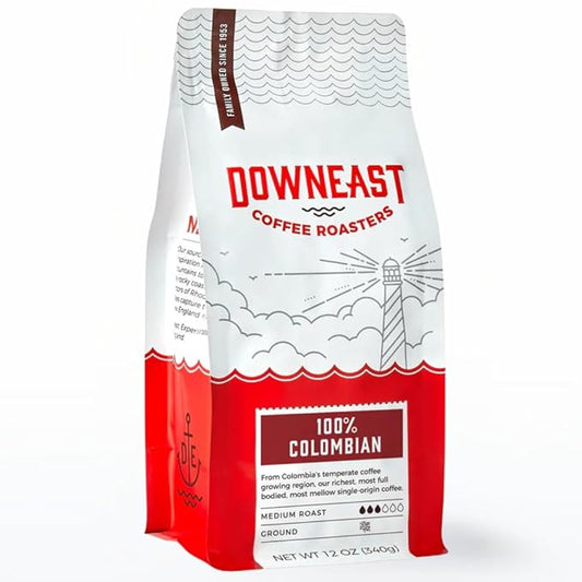Downeast Coffee Roasters Ground Coffee - 100% Colombian, Medium Roast, 100% Arabica Coffee - Dark Chocolate and Ripe Fruit Notes - Select Central and South American Highlands (GROUND COFFEE, 12oz bag)