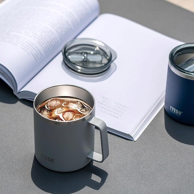 TYESO 14 oz Vacuum Insulated Mug Cup Stainless Steel Mug Coffee Mug with Lid Heat Insulation Cooling Direct Drip (White)