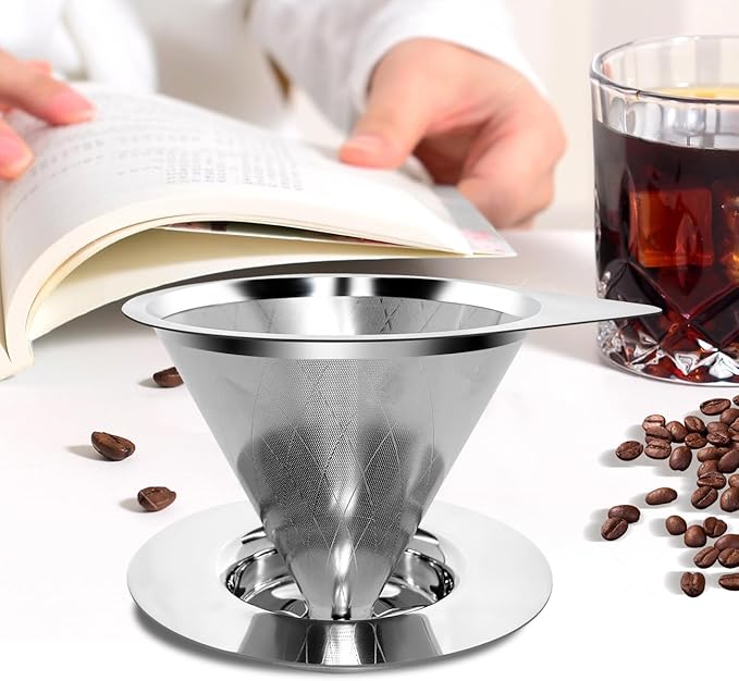 LHS Pour Over Coffee Dripper Reusable Coffee Filter Paperless Coffee Filter Stainless Steel Pour Over Coffee Maker Cone Coffee Dripper for 1-2 Cup,Argyle Pattern