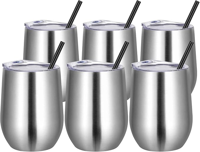 VEGOND Wine Tumblers Bulk 6 Pack, 12oz Stainless Steel Stemless Wine Glass with Lids and Straws, Double Wall Vacuum Insulated Tumbler Cup, Coffee Mug for Cold Hot Drinks