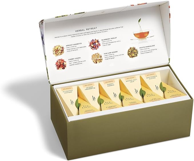 Tea Forte Herbal Retreat Premium Tea Presentation Box Tea Gift Sampler, 20 Count, 2 of Each Variety Individually Wrapped Handcrafted Pyramid Infuser Bags