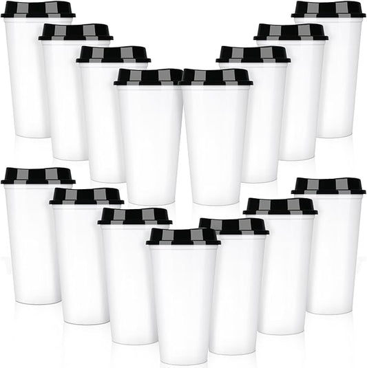 Domensi 15 Pack Reusable Coffee Cups with Lids 16 oz Disposable Travel Cups Bulk Plastic to Go Coffee Tumblers for DIY Hot Cold Drink Party Favors Coworker, Microwaveable (White with Black Lid)