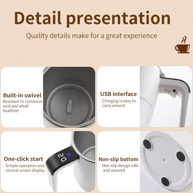 Electric Coffee Mug with a Built-in LCD Thermometer, Rechargeable Automatic Magnetic Self Stirring Coffee Mug, for Brewing Coffee, Milk, Cocoa, Portable Travel Mug for Office Home, 380ml (Black)