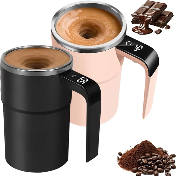 Electric Coffee Mug With a Built-In Lcd Thermometer, 380ML/13OZ Prevent Overflow Self-Stirring Magnetic Coffee Cup, Perfect for Brewing Coffee, Milk, Cocoa, Etc. (Black+Pink)