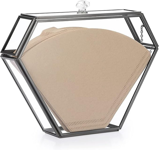 ELLDOO Black Glass Coffee Filter Holder Coffee Paper Storage Container Filter Paper Dispenser Rack with Dustproof Cover