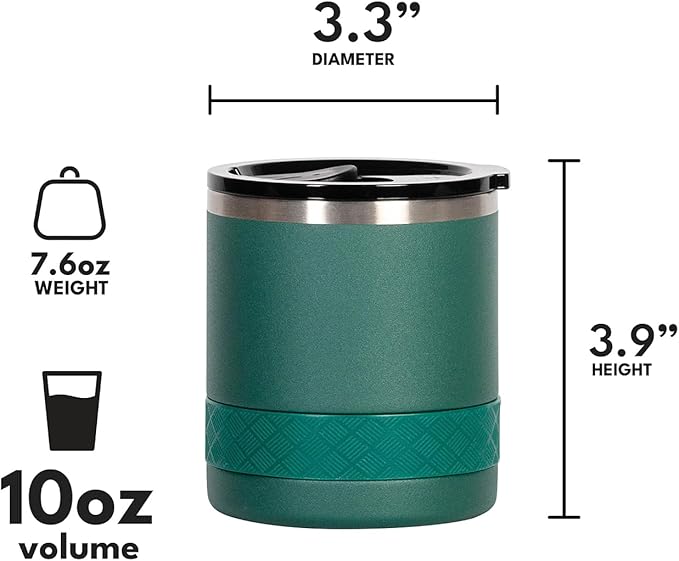 Elemental Recess Lowball Tumbler, 10oz Triple Wall Stainless Steel Cup with Non-Shattered Tritan Lid, Insulated Whiskey Glass, Insulated Coffee Tumbler Mug for Hot & Cold Drinks - Forest Green