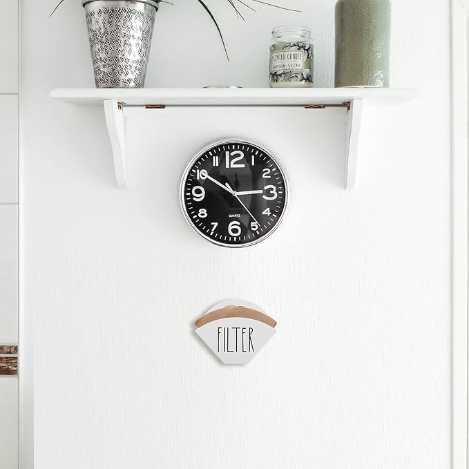 Farmhouse Wood Coffee Filter Holder & Dispenser - Wall Mounted Cone Filter Storage for Coffee Bar Decor (White)