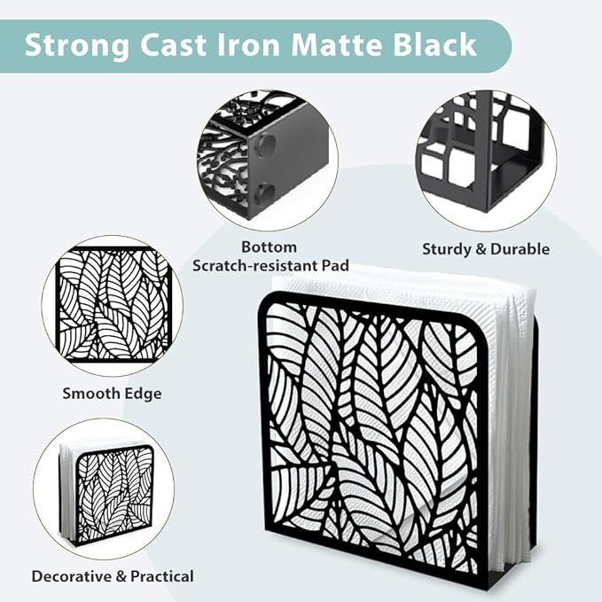 Morden Leaf Decorative Black Metal Napkin Holder for Table, 4.9" x 4.9" x 1.9" Standing Napkin Holder for Home Kitchen Restaurant Picnic Party Coffee Bar Dining Room
