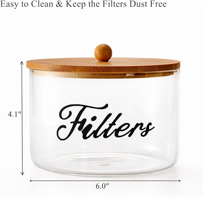 Coffee Filter Holder with Bamboo Lid, Farmhouse Coffee Filter Dispenser Basket for Counter, Glass Coffee Filter Storage Container for Coffee Pod and Filter, Coffee Bar Accessories