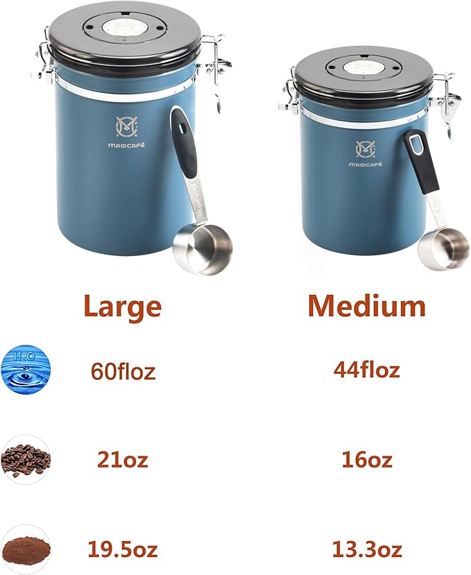 Airtight Coffee Bean Storage - with Co2 Valve Vacuum Sealed Coffee Container with Scoop For Beans Grounds Large Blue 21oz
