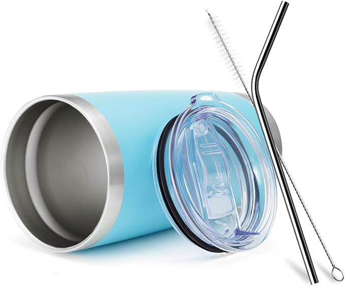 COMOOO 20oz Double Wall Vacuum Insulated Travel Mug Bulk Stainless Steel Tumbler with Lid and Straw Durable Powder Coated Insulated Coffee Cup for Cold & Hot Drinks (Light Blue, 12 pack