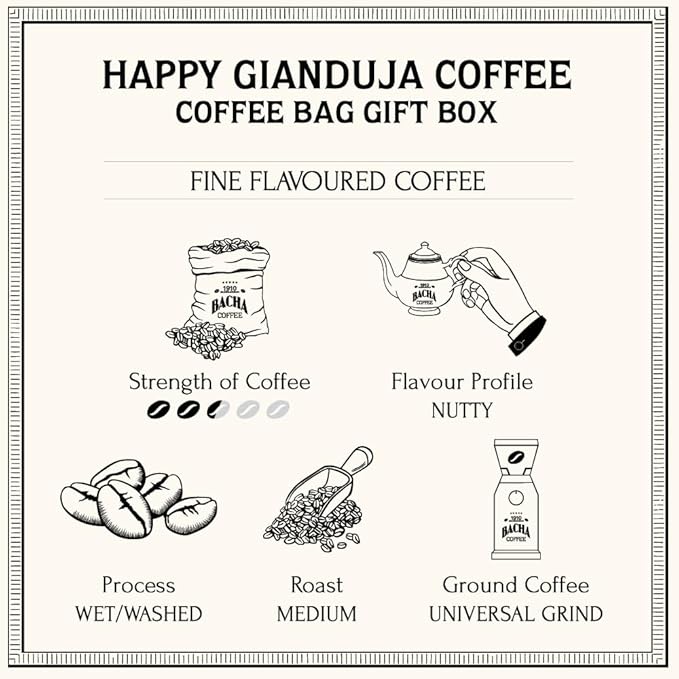 Bacha Coffee | Happy Gianduja Fine Flavoured, 100% Arabica Specialty Coffee Beans, Medium Roast, x12 Individually Wrapped Single Serve Filter Bags