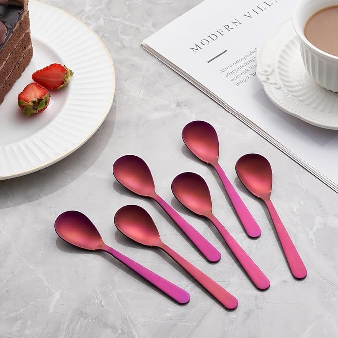 Matte Purple Demitasse Espresso Mini Teaspoons and Sugar Spoons, Stainless Steel Satin Finish, 4.7-inch, Set of 6