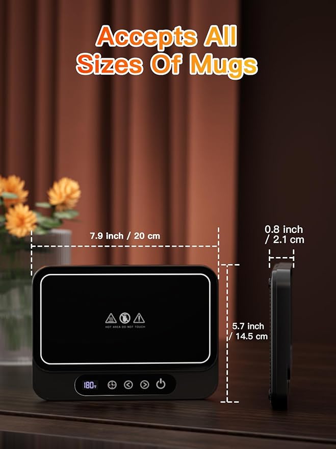 Misby Coffee Mug Warmer, 50W Large Heating Panel Mug Warmer with 6-Temp Settings, 8H Auto Shut-Off, 12H Timer, Ultra-Thin Design, Coffee Warmer for Desk, Ideal for Home, Office, and Travel (Black)