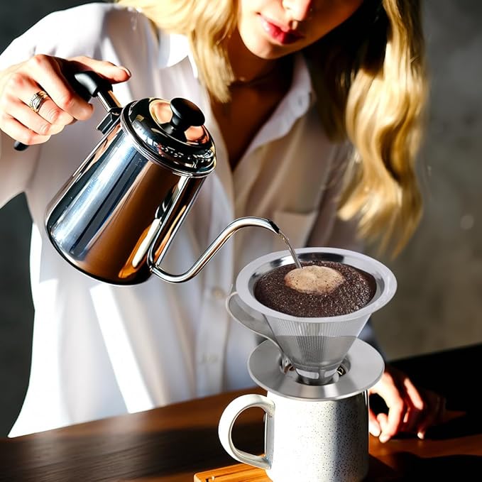 Pour Over Coffee Dripper,Double Mesh Stainless Steel Filter,Paperless Strainer Reusable Cone Coffee Filter With Handle, Maker 1-4 Cups