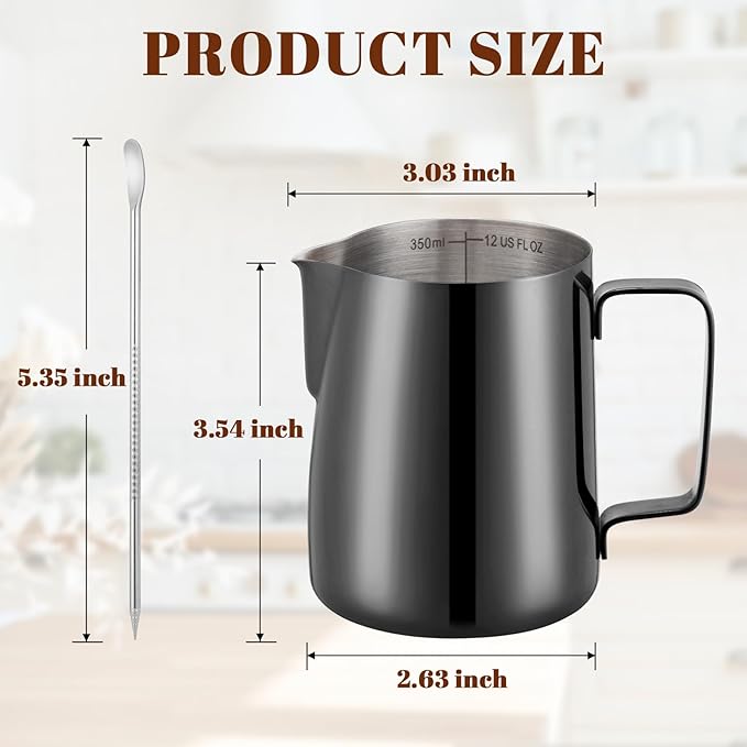 Milk Frothing Pitcher, 12 oz Milk Frother Cup with Clear Scale, 304 Stainless Steel Cappuccino Espresso Machine Accessories for Barista Coffee Bar with Latte Art Pen, Bright Black