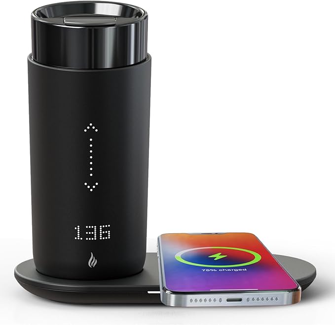 Temperature Control Heated Coffee Mug Smart Self Heating Travel Mug 12 Oz App Controlled Warmer Mug 4-10 Hour LED Display Keep Coffee Hot All Day Fast Wireless Charger Base Iron Black