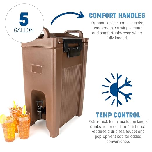 Carlisle FoodService Products 5-Gallon Insulated Beverage Dispenser, Cateraide, Food-Grade with Handles, Rugged PE Shell with PU Insulation for Coffee, Tea and Hot or Cold Drinks, Black - Made in USA