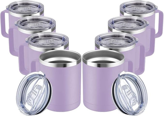 MEWAY 12oz Coffee Mug With Handle and Sliding Lid,Stainless Steel Travel Tumbler Cup with Handle,Double Wall Vacuum Insulated Camping Cup for Hot & Cold Drinks Tea (Lilac,Set of 8)