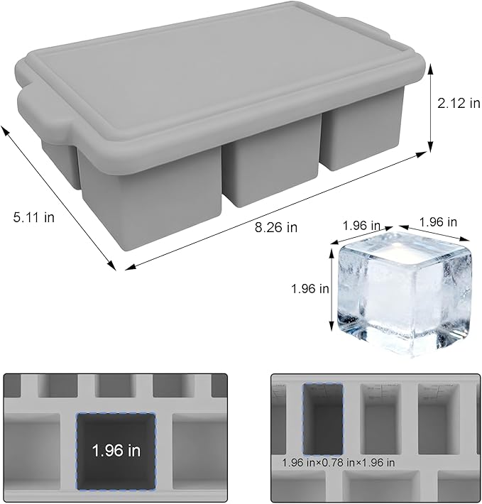 Silicone Ice Cube Tray with Lid 8-Cavity Reinforced Steel Frame Ice Cube Trays Easy Release BPA-Free Makes 3 Large Square & 5 Small Rectangular Ice Trays for Cocktails Whiskey Coffee,Pink