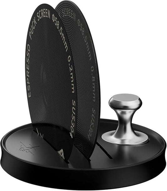 MHW-3BOMBER 58mm Espresso Puck Screen - 0.2mm Ultra Thin Espresso Puck - Metal Reusable Coffee Filter for Portafilter Basket 58mm - Puck Screen with Stand FG7053B-OS