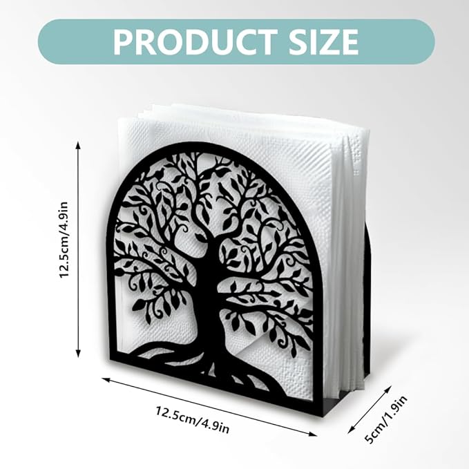 Tree of Life Decorative Black Metal Napkin Holder for Table, 4.9" x 4.9" x 1.9" Standing Napkin Holder for Home Kitchen Restaurant Picnic Party Coffee Bar Dining Room