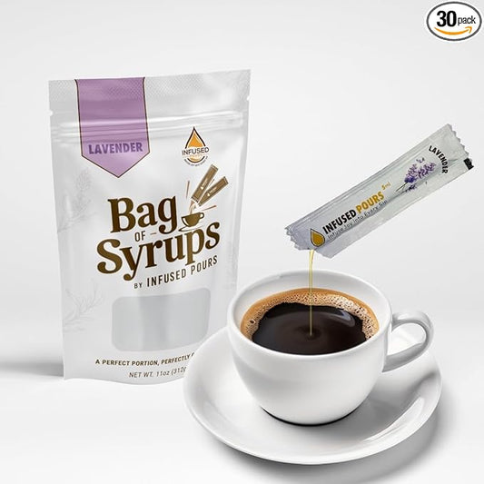 Single Serving Lavender Syrup Packets for Coffee and Cocktails - 5mL Each, 30 Count - Bag of Syrups by Infused Pours (5mL, Lavender)