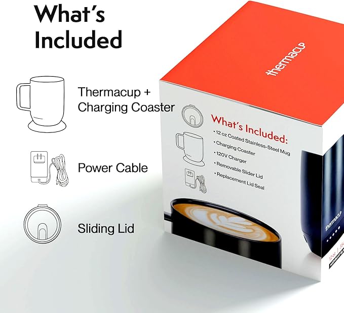 Mega 8-Hour Battery Self-Heating Coffee Mug with | Temperature Controlled Steel Smart Mug with Lid, 14oz (12oz with Lid) | Perfect Holiday Gift for Coffee & Tea Lovers