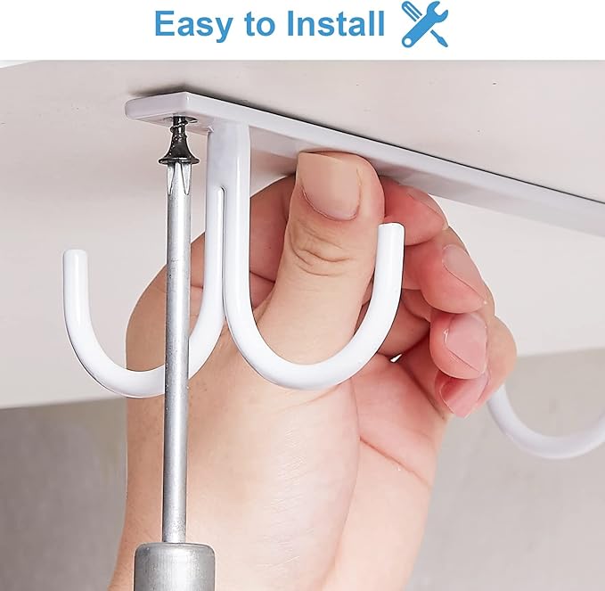 Mug Rack Under Cabinet - Coffee Cup Holder, 12 Mugs Hooks Under Shelf, Display Hanging Cups Drying Hook for Bar Kitchen Utensils White