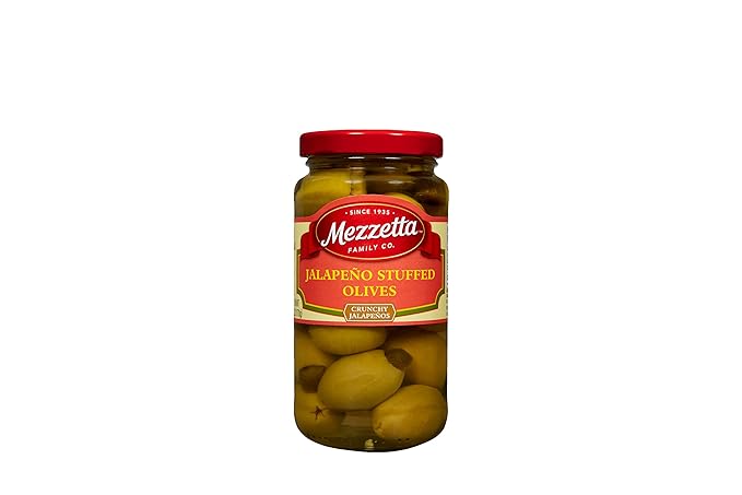 Mezzetta Jalapeño Stuffed Olives - Locally Grown Peppers from Napa Valley - Perfect Appetizer or Cocktail Addition - Crisp & Savory Green Fruits with Heat - Shipped Fresh - 6 Oz Jar - Pack of 6
