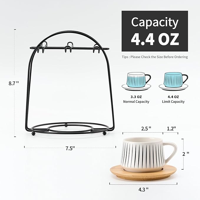 LUKA Ceramic Coffee Espresso Cups with Saucers Set with Metal Holder, 4 oz Porcelain Demitasse Cups For Espresso, Latte, Coffee, Cafe Mocha, Tea, Set of 6, Stripe White & Black