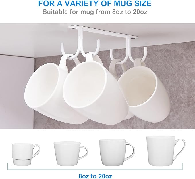 Mug Rack Under Cabinet - Coffee Cup Holder, 12 Mugs Hooks Under Shelf, Display Hanging Cups Drying Hook for Bar Kitchen Utensils White
